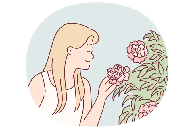 Woman enjoys scent of rose flowers by inhaling scent while walking in park or greenhouse  Illustration