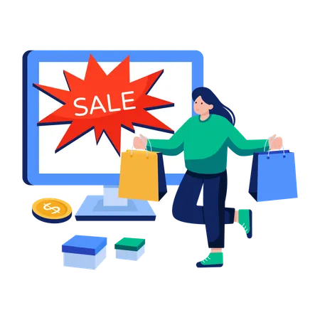 Woman enjoys Shopping sale  Illustration