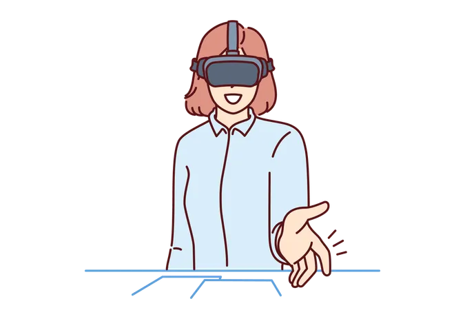 Business Woman Uses VR Headset For Online Meeting With Partners Or Employees Businesswoman Shakes Hands With Virtual Interlocutor And Communicates With Colleagues Remotely Thanks To VR Technology Illustration