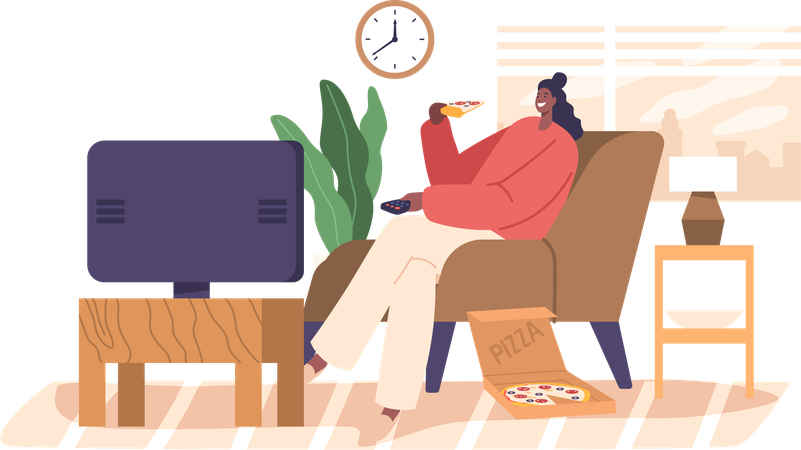 Woman Enjoys Watching Tv And Savoring Pizza On Weekends  Illustration
