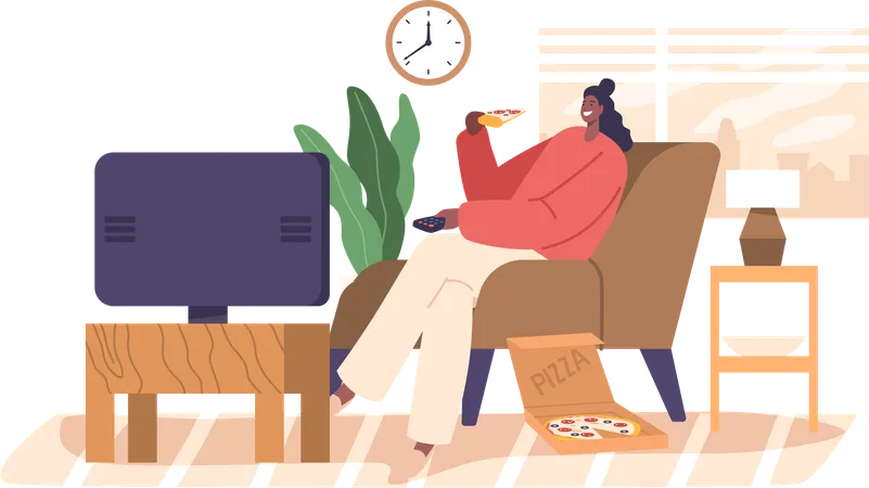 Woman Enjoys Watching Tv And Savoring Pizza On Weekends Relaxed Female Character Indulges In Leisure Balancing Screen Time And Comfort Food For A Delightful Weekend Escape Vector Illustration Illustration