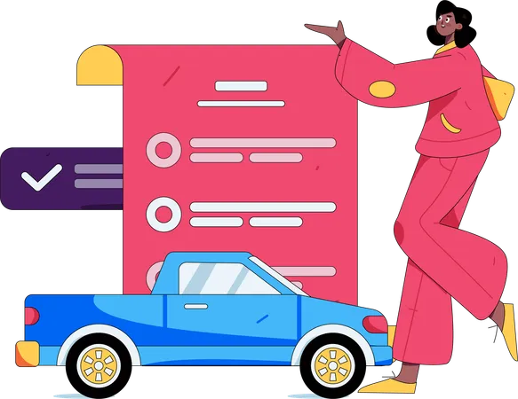 Woman enrolls her car into automobile protection procedure  Illustration