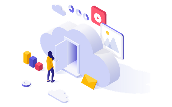 Woman entering in cloud technology  Illustration