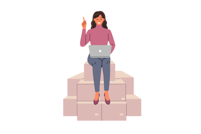 Woman entrepreneur works sitting on cardboard boxes with laptop on lap sorting and logistics goods  Illustration