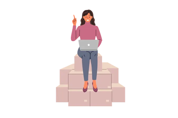 Woman Entrepreneur Works Sitting On Cardboard Boxes With Laptop On Lap Sorting And Logistics Of Goods Happy Girl With Computer Smiling And Pointing Finger Up Enjoying Entrepreneur Routine Illustration