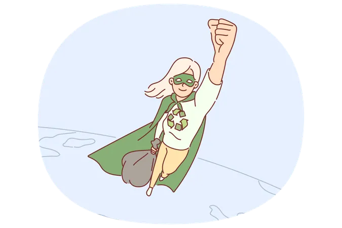 Woman environmental hero saves planet from garbage by flying over globe to avoid nature pollution  Illustration