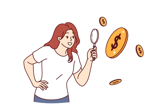 Woman Examines Falling Coins Through Magnifying Glass Conducting Financial Research To Increase Income Girl Accountant Is Auditing Own Expenses To Increase Savings Or Start Investing Illustration