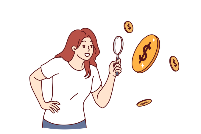 Woman examining falling coins  Illustration