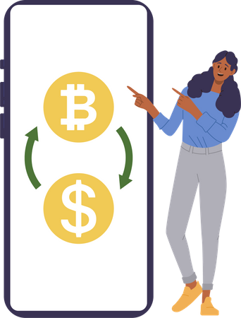 Woman exchanging bitcoin from dollar  Illustration