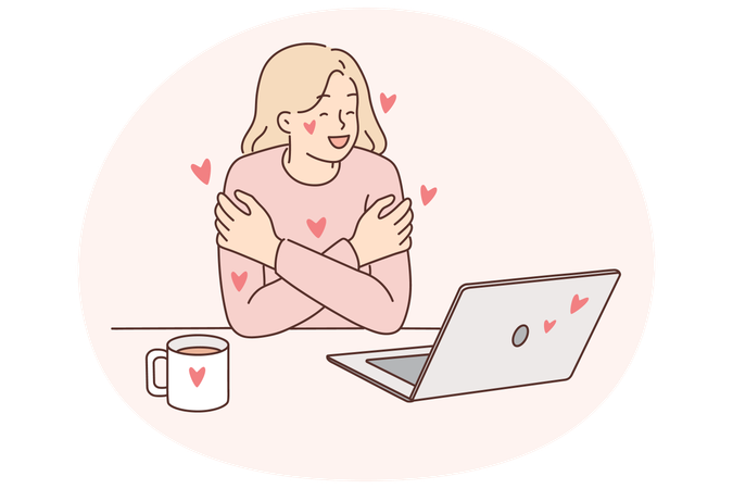 Woman exchanging romantic messages in laptops hugs herself rejoicing at received compliments  Illustration