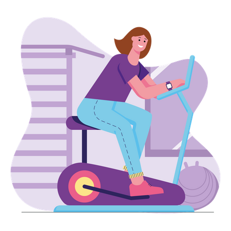 Woman exercise using gym cycle Illustration