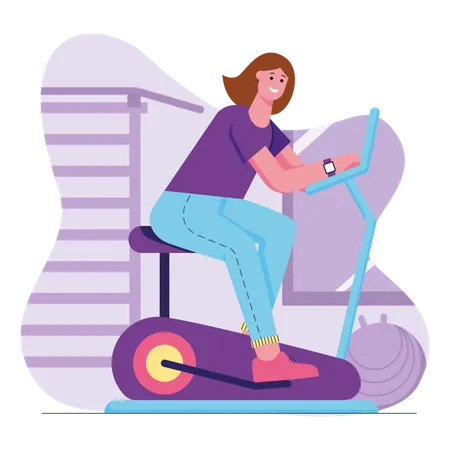 Woman exercise using gym cycle Illustration