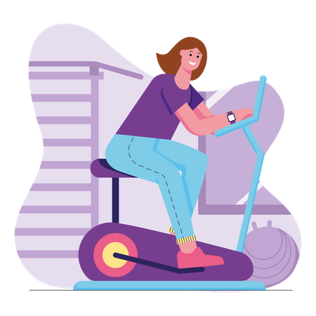 Woman exercise using gym cycle  Illustration