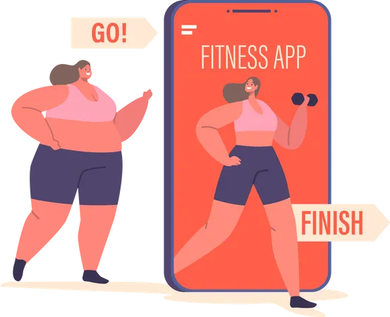 Curvy Woman Exercises With A Fitness Program On Her Phone Screen Engaging In Dedicated Training Sessions To Support Her Health And Fitness Goals Cartoon People Vector Illustration Illustration