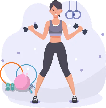 ダンベルを持ってジムで運動する女性。健康的でエネルギッシュな若い女性が、より健康な体を作るためにウェイトリフティングをしています。 イラスト