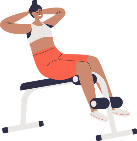 Woman exercising on abdominal bench doing crunches for abs muscles training Illustration