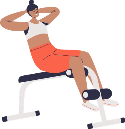 Woman exercising on abdominal bench doing crunches for abs muscles training Illustration