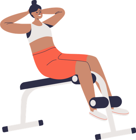 Woman exercising on abdominal bench doing crunches for abs muscles training  Illustration