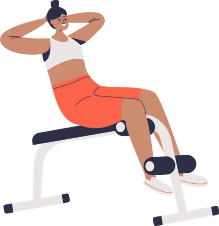 Woman exercising on abdominal bench doing crunches for abs muscles training  Illustration