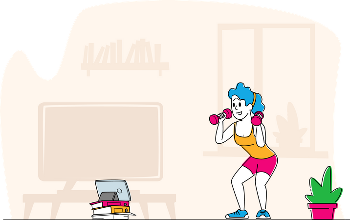 Woman exercising while watching tv show Illustration