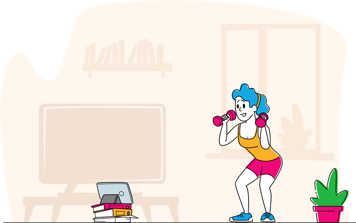 Woman exercising while watching tv show  Illustration