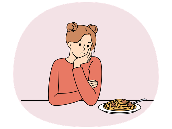 Woman experiences lack of appetite and sadly looks at plate of spaghetti due to bulimia  Illustration