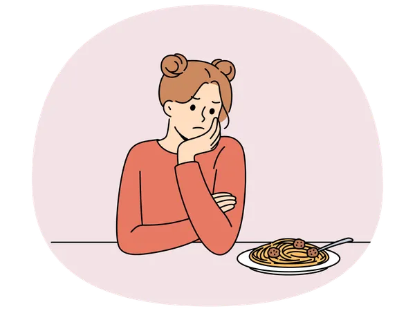 Woman experiences lack of appetite and sadly looks at plate of spaghetti due to bulimia  Illustration
