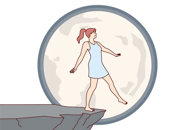 Woman Experiences Nightmare At Night Imagining Falling Off Cliff During Full Moon Due To Presence Of Sleepwalking Syndrome Nightmare Of Young Person At Risk Of Injury Due To Psychological Disorder Illustration