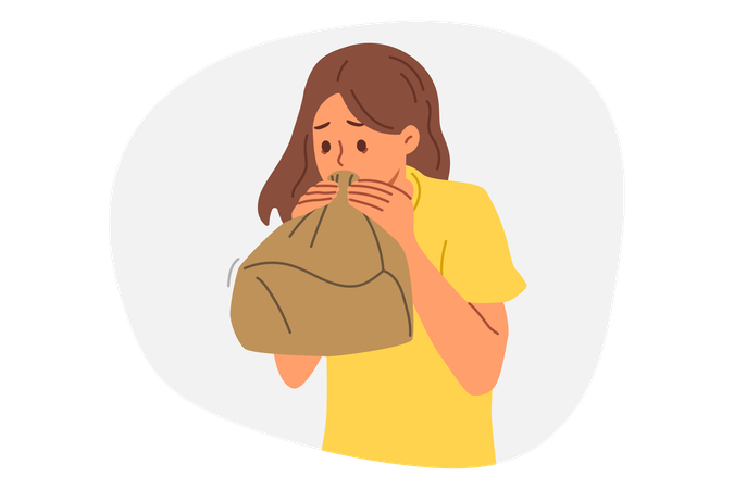 Woman experiences panic attack and breathing in paper bag trying to recover from strong fright  イラスト
