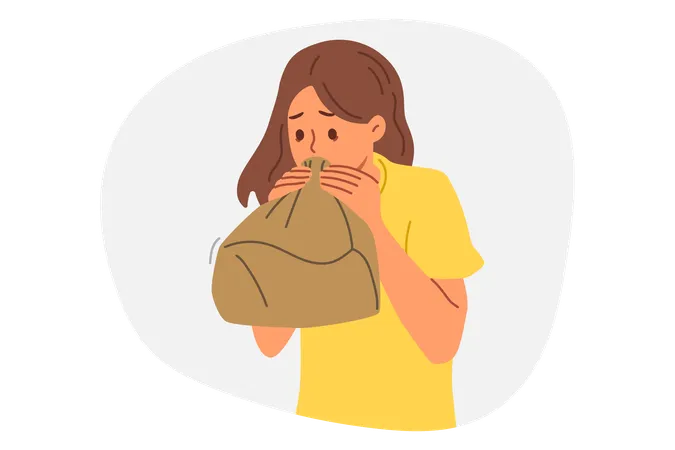 Woman experiences panic attack and breathing in paper bag trying to recover from strong fright  イラスト