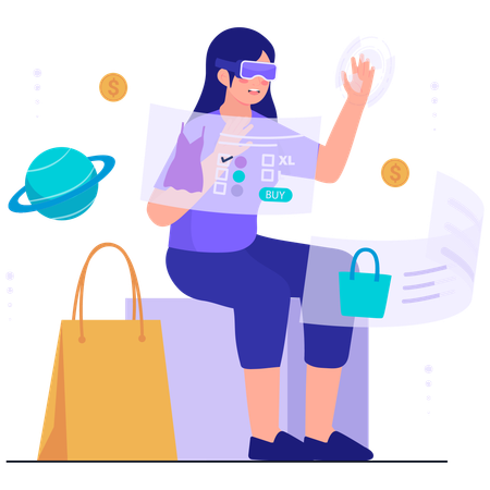 女性がバーチャルショッピング体験  イラスト