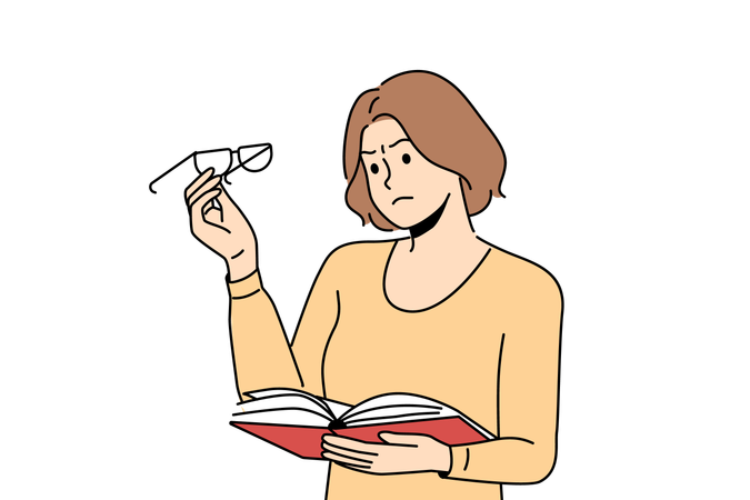 Woman experiences vision problems reading book and looks at glasses with upset grimace  イラスト