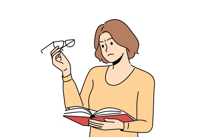 Woman experiences vision problems reading book and looks at glasses with upset grimace  Illustration