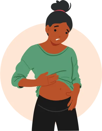 Woman Character Experiencing Bloating Gastritis Symptom Appears Uncomfortable With Abdominal Distension And Discomfort Due To Inflammation In The Stomach Lining Cartoon People Vector Illustration イラスト