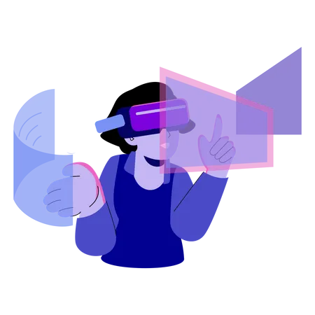 Woman experiencing metaverse technology using VR headset  Illustration