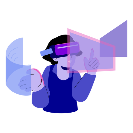 Woman experiencing metaverse technology using VR headset  Illustration