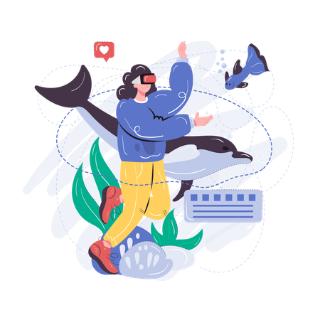 Woman experiencing sea using metaverse  Illustration
