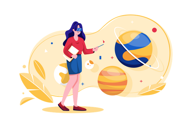Woman experiencing space environment using VR technology  Illustration