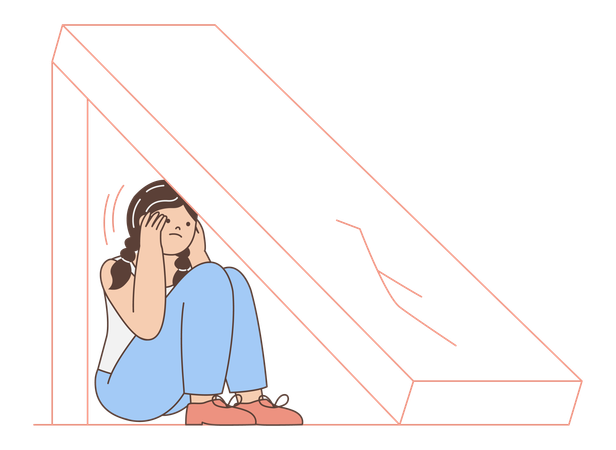 Woman experiencing stress under stairs during earthquake  Illustration