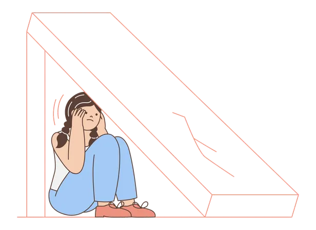 Woman experiencing stress under stairs during earthquake  Illustration