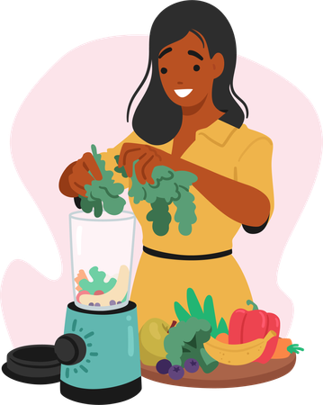 Woman Expertly Blends Nutritious Plant-based Ingredients In Blender  Illustration