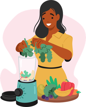 Woman Expertly Blends Nutritious Plant-based Ingredients In Blender  イラスト