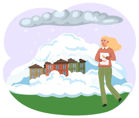 Woman Stands Near White Cloud Of Steam Global Warming And Environmental Problems Temperature Of Earth Is Rising Due To Greenhouse Effect And Human Activity Melting Glaciers And Avalanche Snowfall Illustration