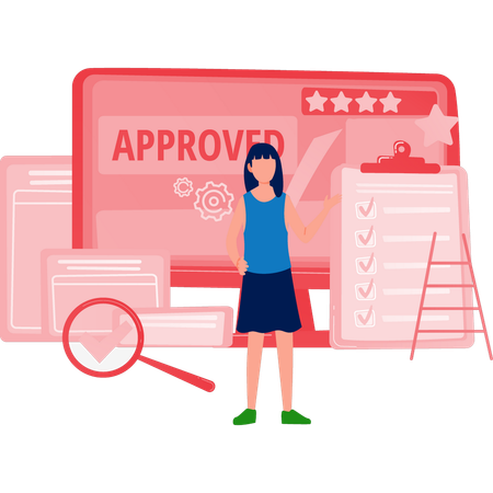 Woman explaining approved rating services  Illustration