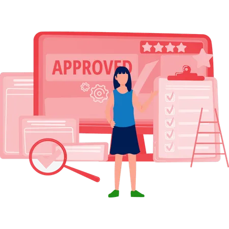 Woman explaining approved rating services  Illustration