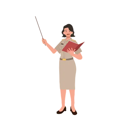 Female Thai Government Officers In Uniform Woman Thai Teacher Holding Pointer Stick Explaining Knowledge From Book Vector Illustration Illustration