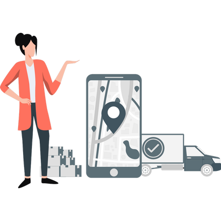 Woman explaining location pin in mobile  Illustration