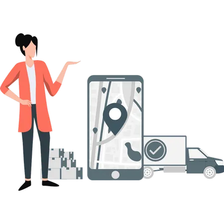 Woman explaining location pin in mobile  Illustration