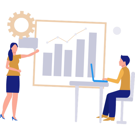 Woman explaining to boy about stock market graphs  Illustration