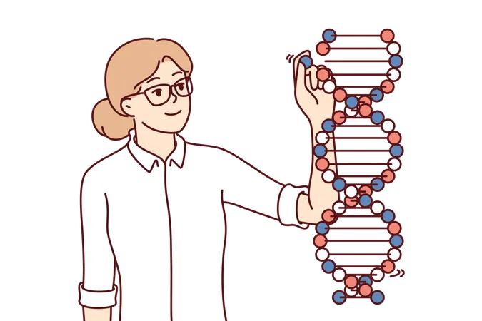 Woman Geneticist Studies DNA Chain Standing Near Genome Molecule And Modifying Genetic Sample Young Girl Will Investigate Sequencing And Mutation Of Human DNA That Causes Deadly Diseases Illustration